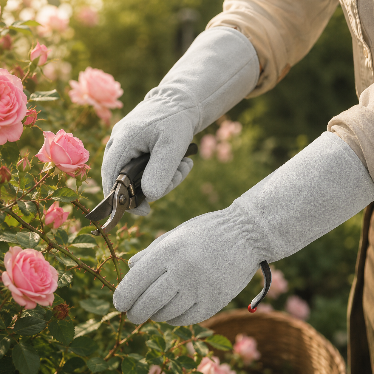 Lange Gartenhandschuhe aus Rindsleder, stichfeste Handschuhe, Arbeitshandschuhe, Schutzhandschuhe für Gärten und Baustellen.