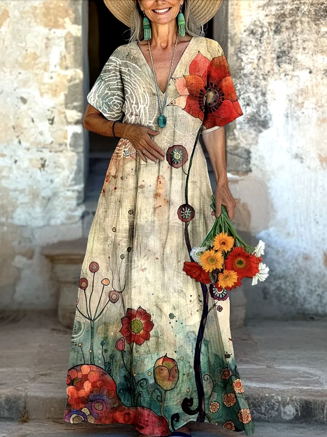 V Neck Casual Cotton Floral Dress