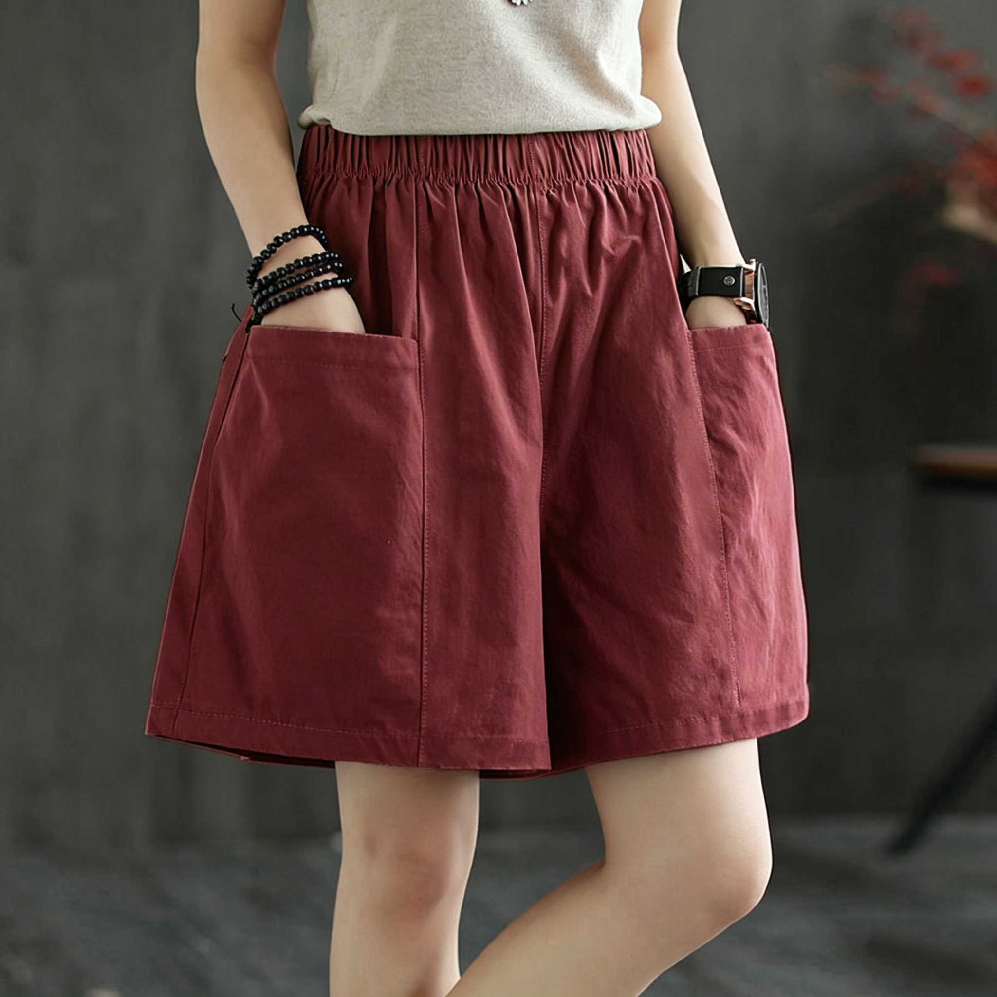 Casual High-Waist Elastic Pocket Shorts – Summer Comfort for Women