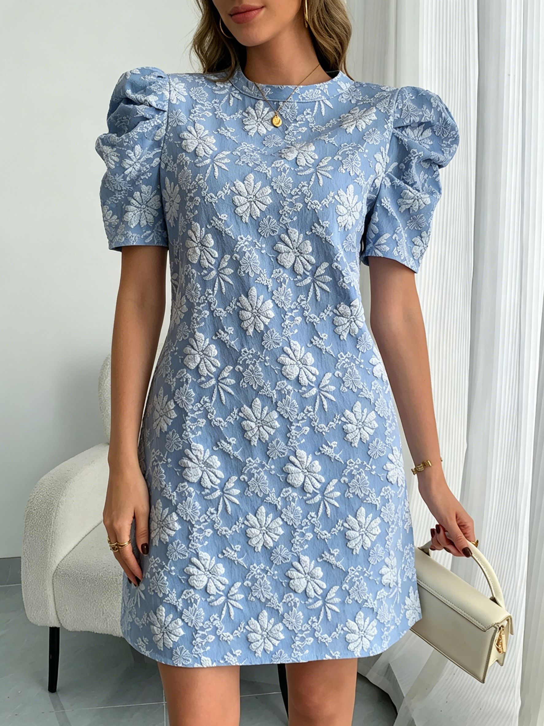 Women's Casual Puff Sleeve Textured Jacquard Dress