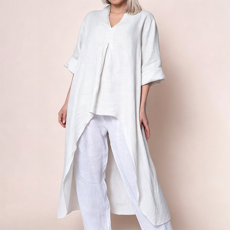 ⏰Saisonaler Abverkauf🔥Leinenbluse mit V-Ausschnitt, asymmetrischem Saum und asymmetrischem Schnitt, langem Ärmel