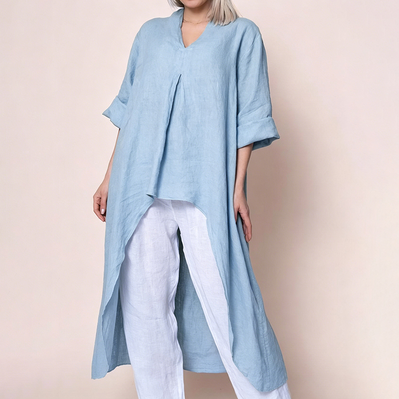 ⏰Saisonaler Abverkauf🔥Leinenbluse mit V-Ausschnitt, asymmetrischem Saum und asymmetrischem Schnitt, langem Ärmel