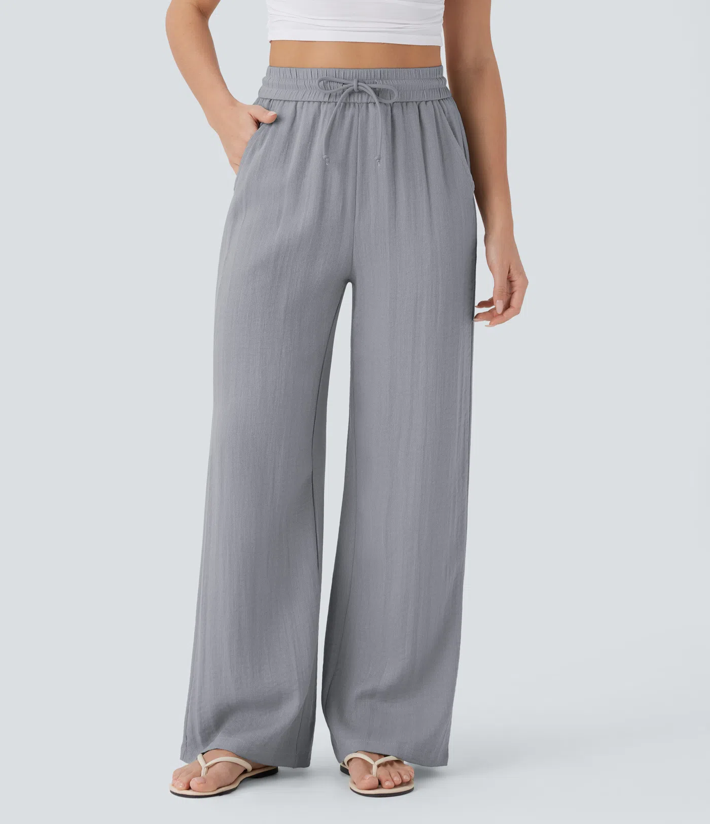 High Waisted Drawstring Pocket Wide Leg Baggy Casual Linen-Feel Pants