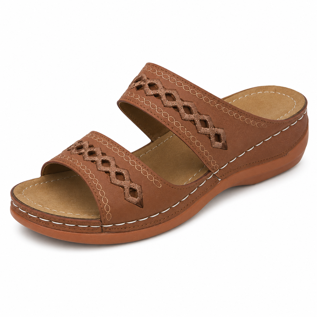 New large size slippers, retro stitching, non-slip round toe wedge heel, comfortable flat sandals for women