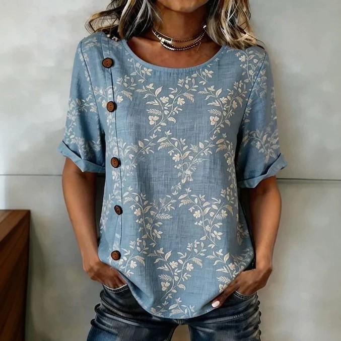 Maxikleid aus Baumwollmischung mit Blumenmuster, Rundhalsausschnitt, halben Ärmeln, lockerer Passform, hoher Taille und A-Linien-Schnitt