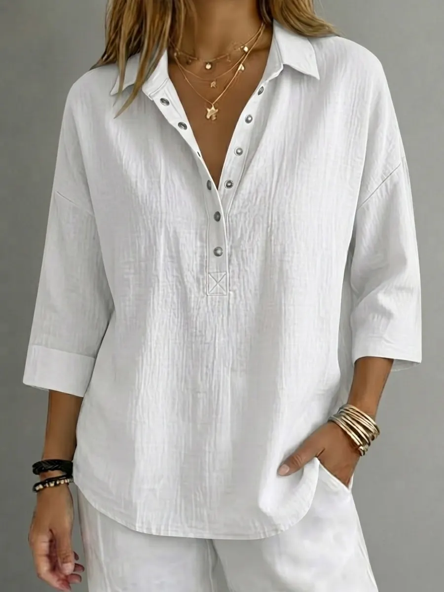 Neu eingetroffen🔥 Lässiges Damen-Henley-Shirt aus Leinenmischung mit 3/4-Ärmeln