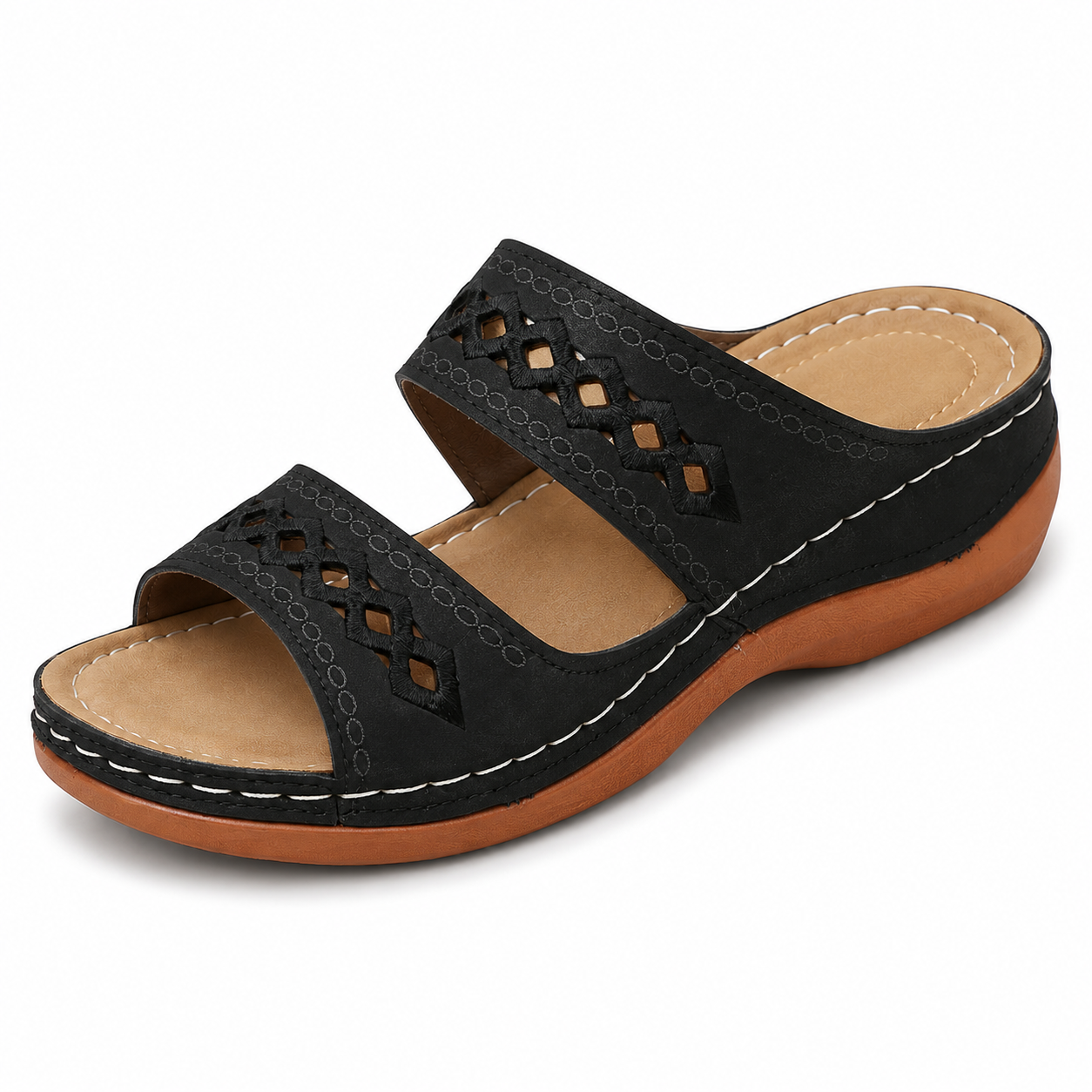 New large size slippers, retro stitching, non-slip round toe wedge heel, comfortable flat sandals for women