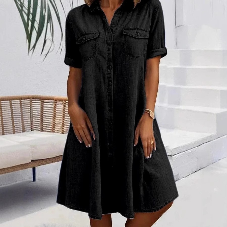 Cotton Buckle Loose Shirt Collar Short Dress