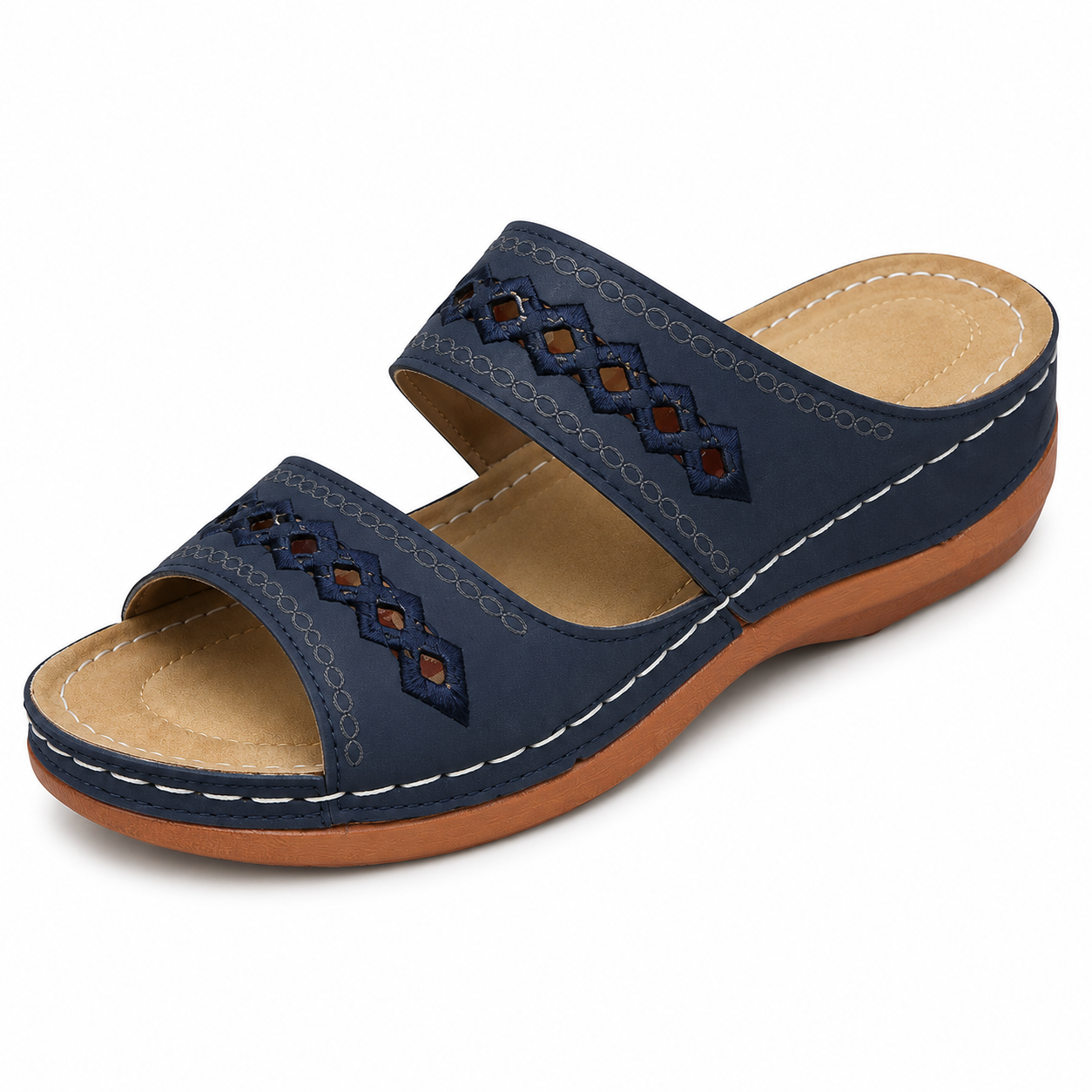New large size slippers, retro stitching, non-slip round toe wedge heel, comfortable flat sandals for women