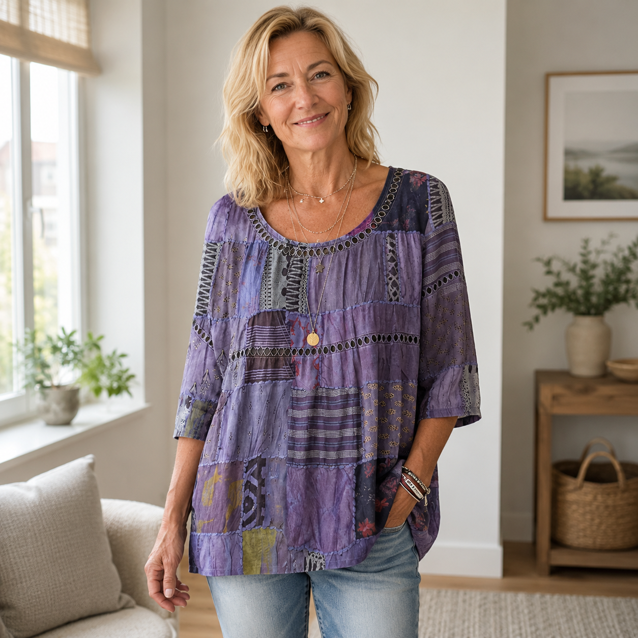Women's Vintage Patchwork Art Print Flowy Linen Blend Casual Tops