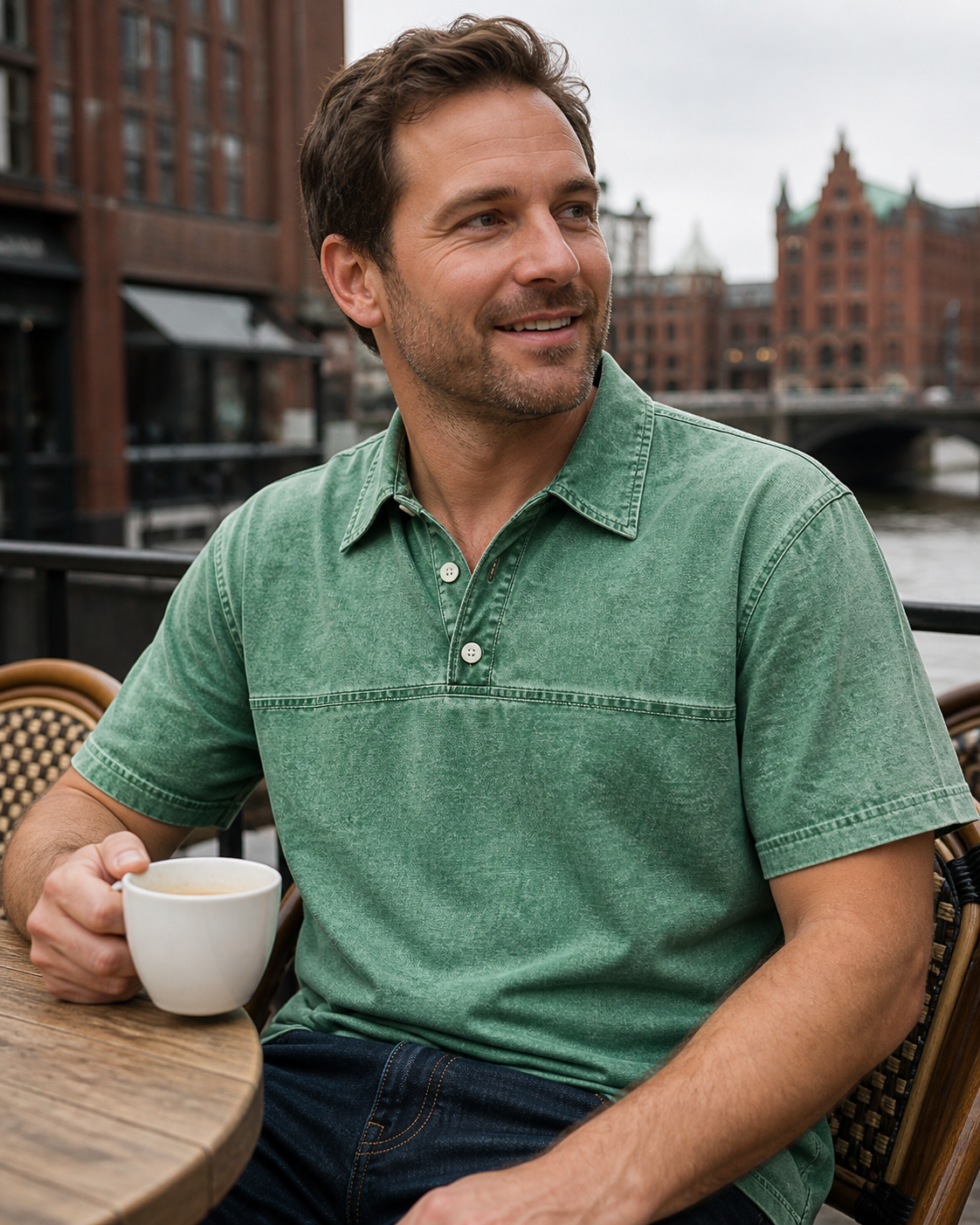 Café-Pause mit dem Herren-Sommer-Set in Grün