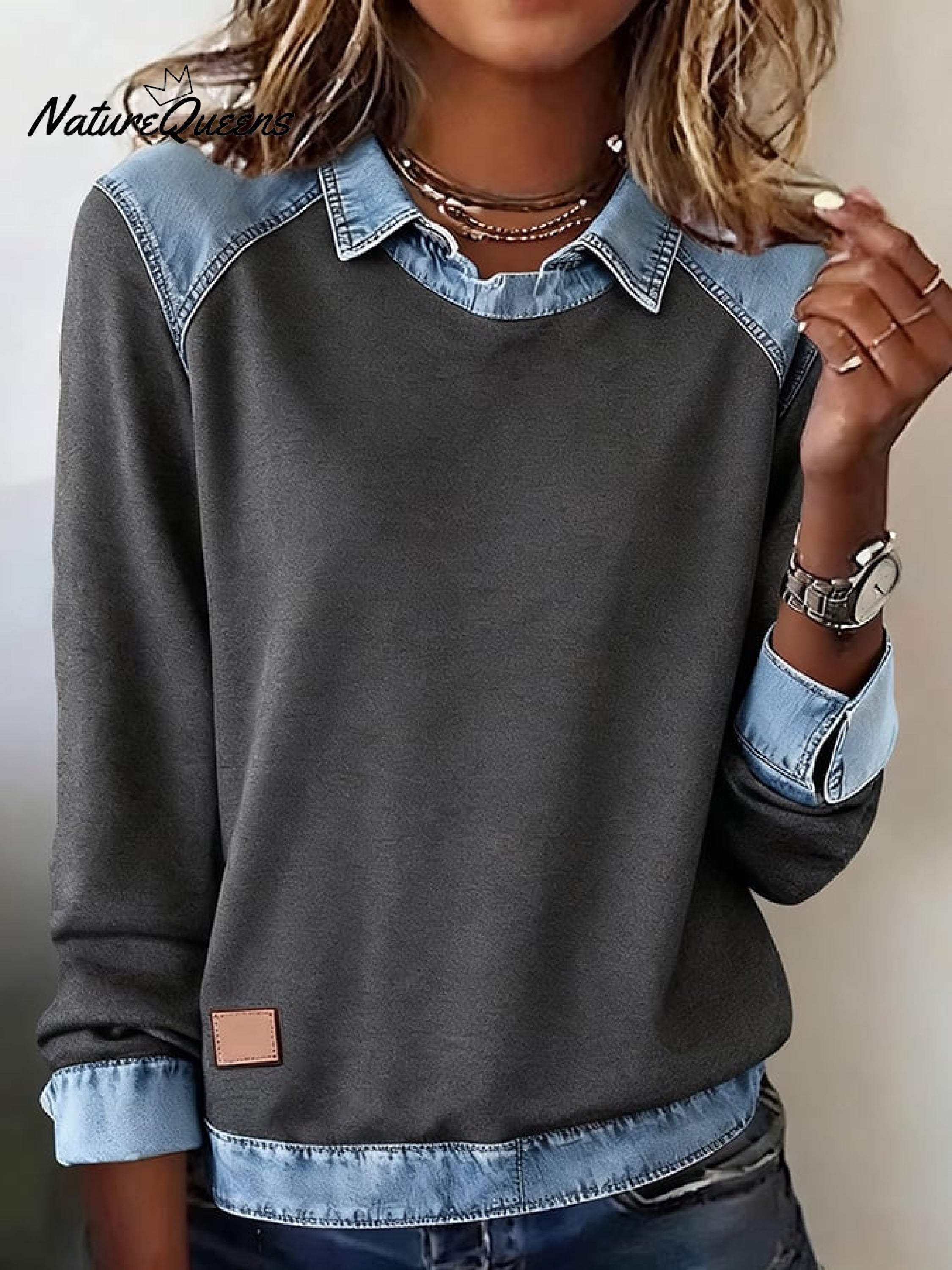 👕 Lässiges Damen-Sweatshirt mit Reverskragen und Denim-Patchwork ✨