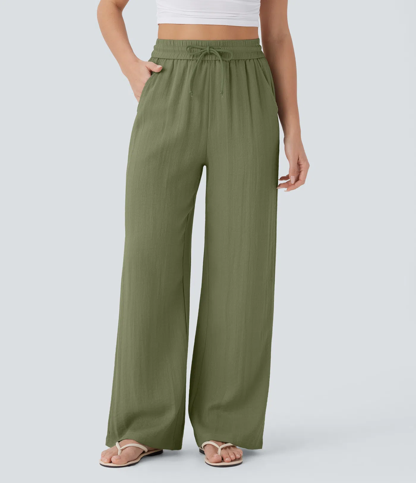 High Waisted Drawstring Pocket Wide Leg Baggy Casual Linen-Feel Pants