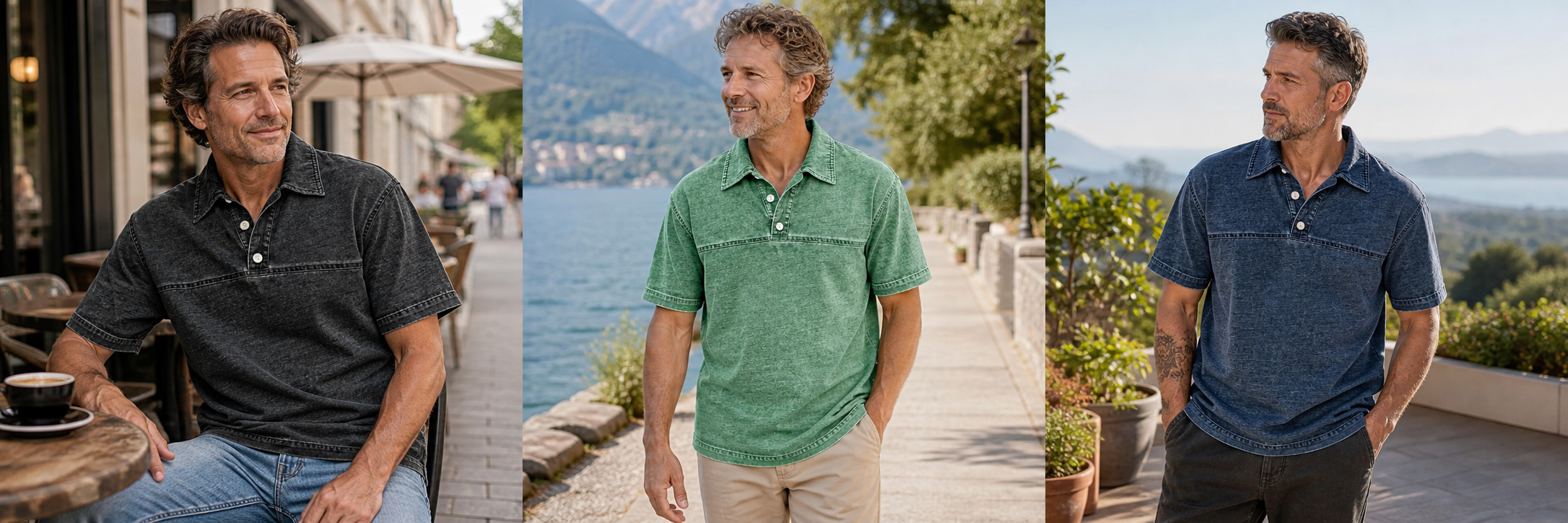 Drei Männer kombinieren das Washed-Polo in Schwarz, Grün und Dunkelblau
