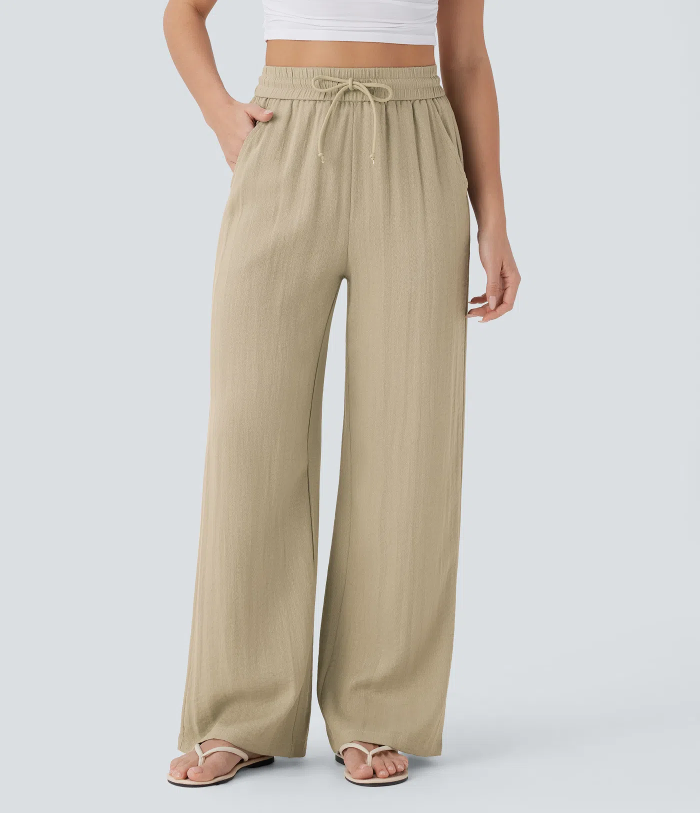 High Waisted Drawstring Pocket Wide Leg Baggy Casual Linen-Feel Pants