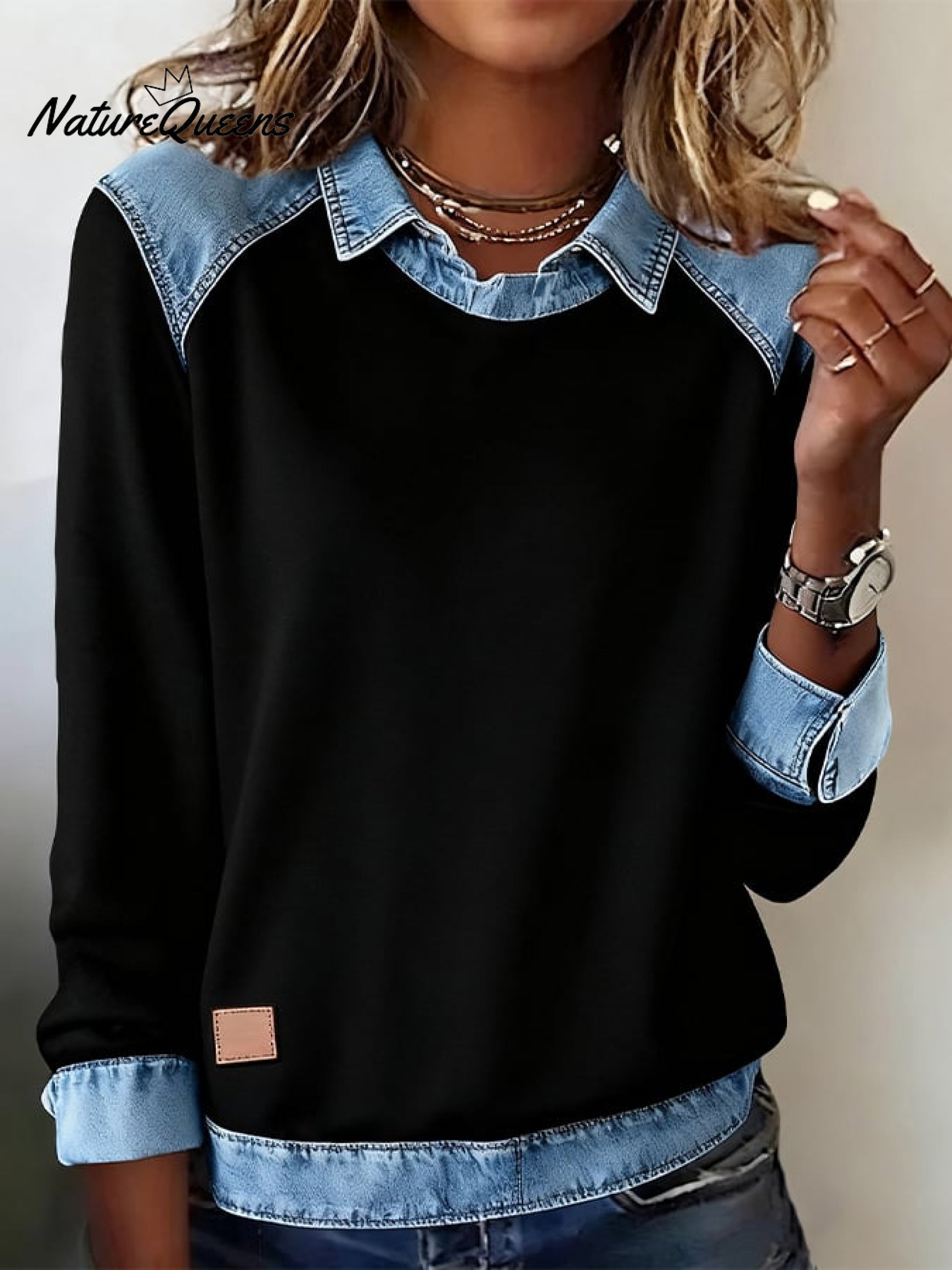 👕 Lässiges Damen-Sweatshirt mit Reverskragen und Denim-Patchwork ✨