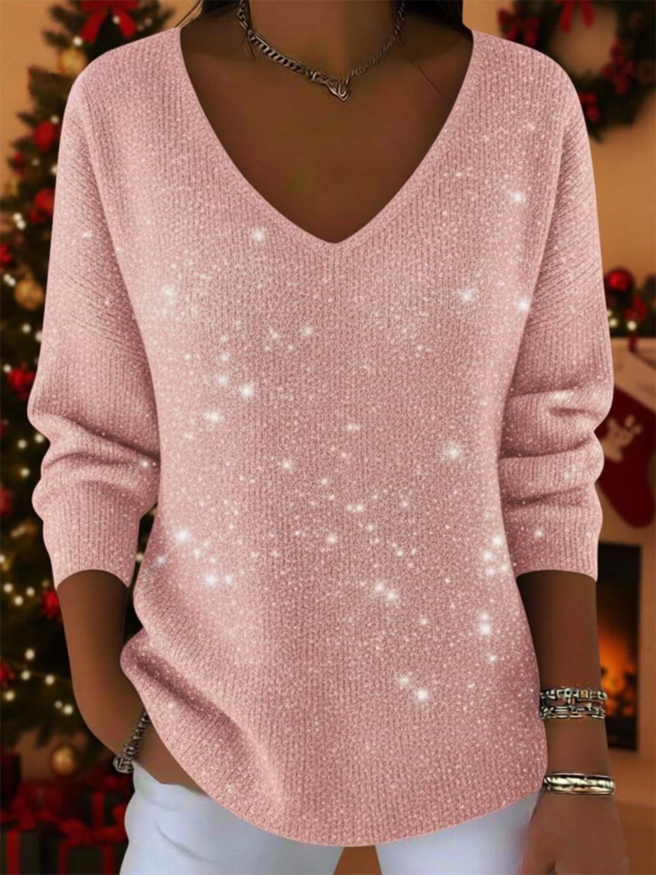 ⏰Saisonaler Abverkauf🔥 Weihnachtliches Glitzer-Strickoberteil mit Rundhalsausschnitt