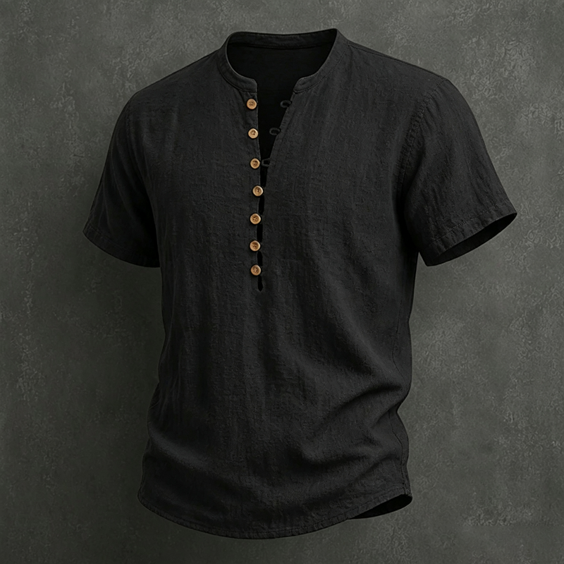 Herren-Henley-Shirt mit Stehkragen, Holzknöpfen, halber Knopfleiste und kurzen Ärmeln aus Leinenmischung