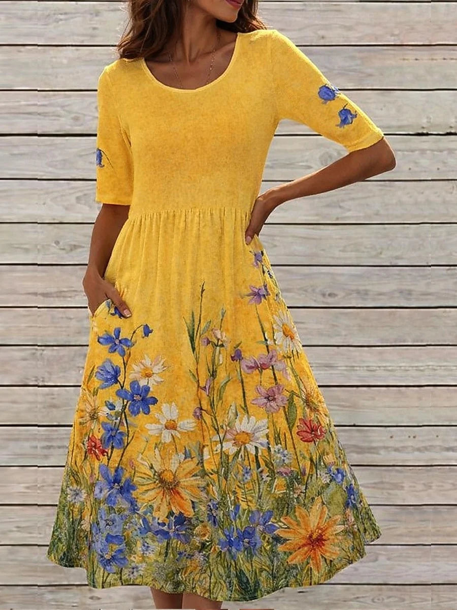 Maxikleid aus Baumwollmischung mit Blumenmuster, Rundhalsausschnitt, halben Ärmeln, lockerer Passform, hoher Taille und A-Linien-Schnitt