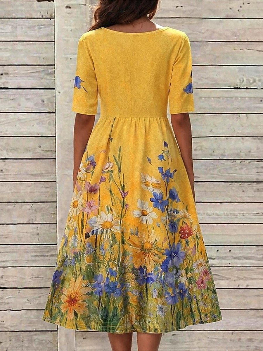 Maxikleid aus Baumwollmischung mit Blumenmuster, Rundhalsausschnitt, halben Ärmeln, lockerer Passform, hoher Taille und A-Linien-Schnitt