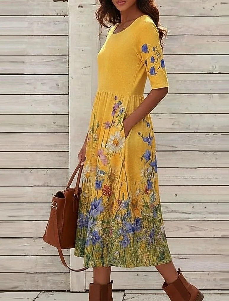 Maxikleid aus Baumwollmischung mit Blumenmuster, Rundhalsausschnitt, halben Ärmeln, lockerer Passform, hoher Taille und A-Linien-Schnitt