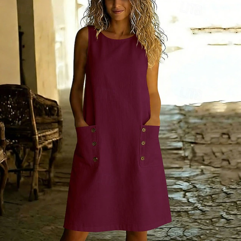 Ärmelloses Leinen-Minikleid mit Knöpfen und Tasche für Damen