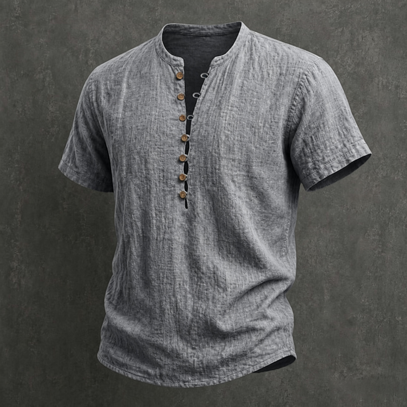 Herren-Henley-Shirt mit Stehkragen, Holzknöpfen, halber Knopfleiste und kurzen Ärmeln aus Leinenmischung