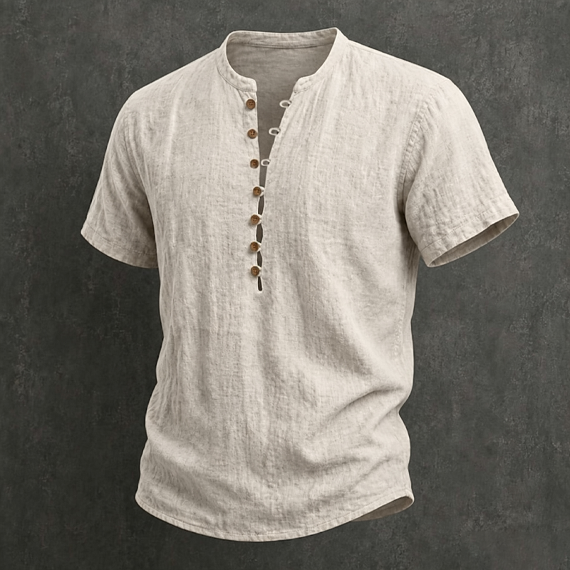 Herren-Henley-Shirt mit Stehkragen, Holzknöpfen, halber Knopfleiste und kurzen Ärmeln aus Leinenmischung