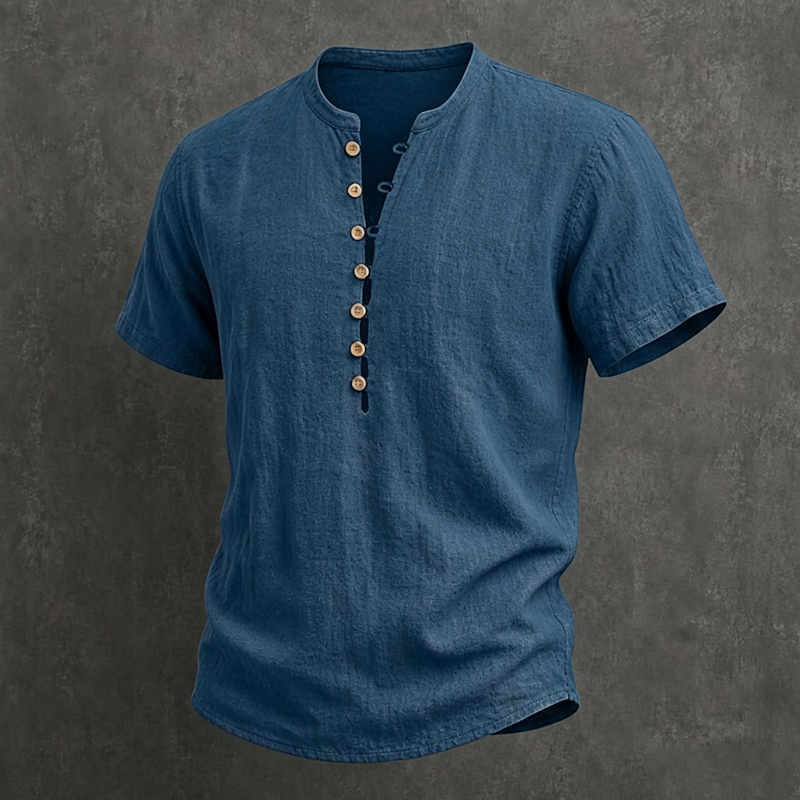 Herren-Henley-Shirt mit Stehkragen, Holzknöpfen, halber Knopfleiste und kurzen Ärmeln aus Leinenmischung