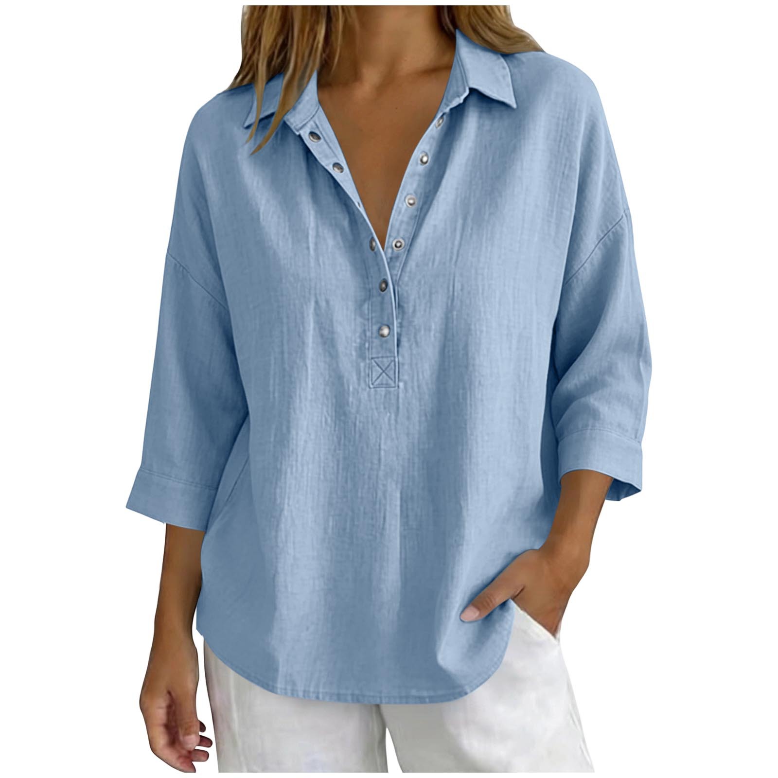 Women's Casual V-Neck Button Henley Blouse – Loose Fit 3/4 Sleeve Tunic Top