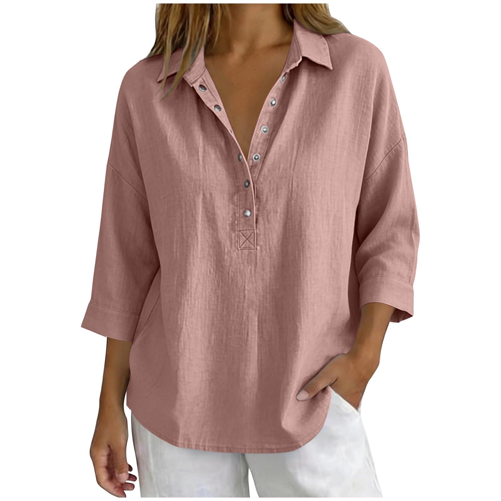 Women's Casual V-Neck Button Henley Blouse – Loose Fit 3/4 Sleeve Tunic Top
