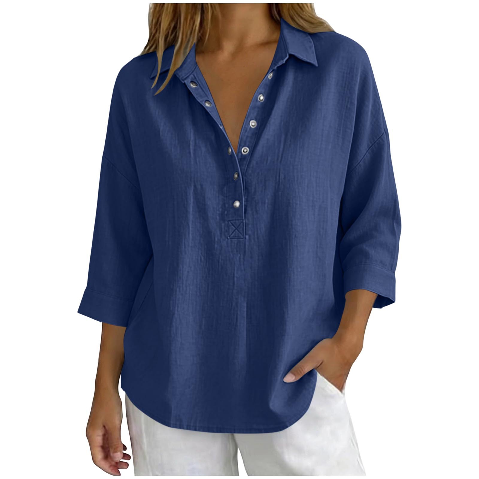 Women's Casual V-Neck Button Henley Blouse – Loose Fit 3/4 Sleeve Tunic Top