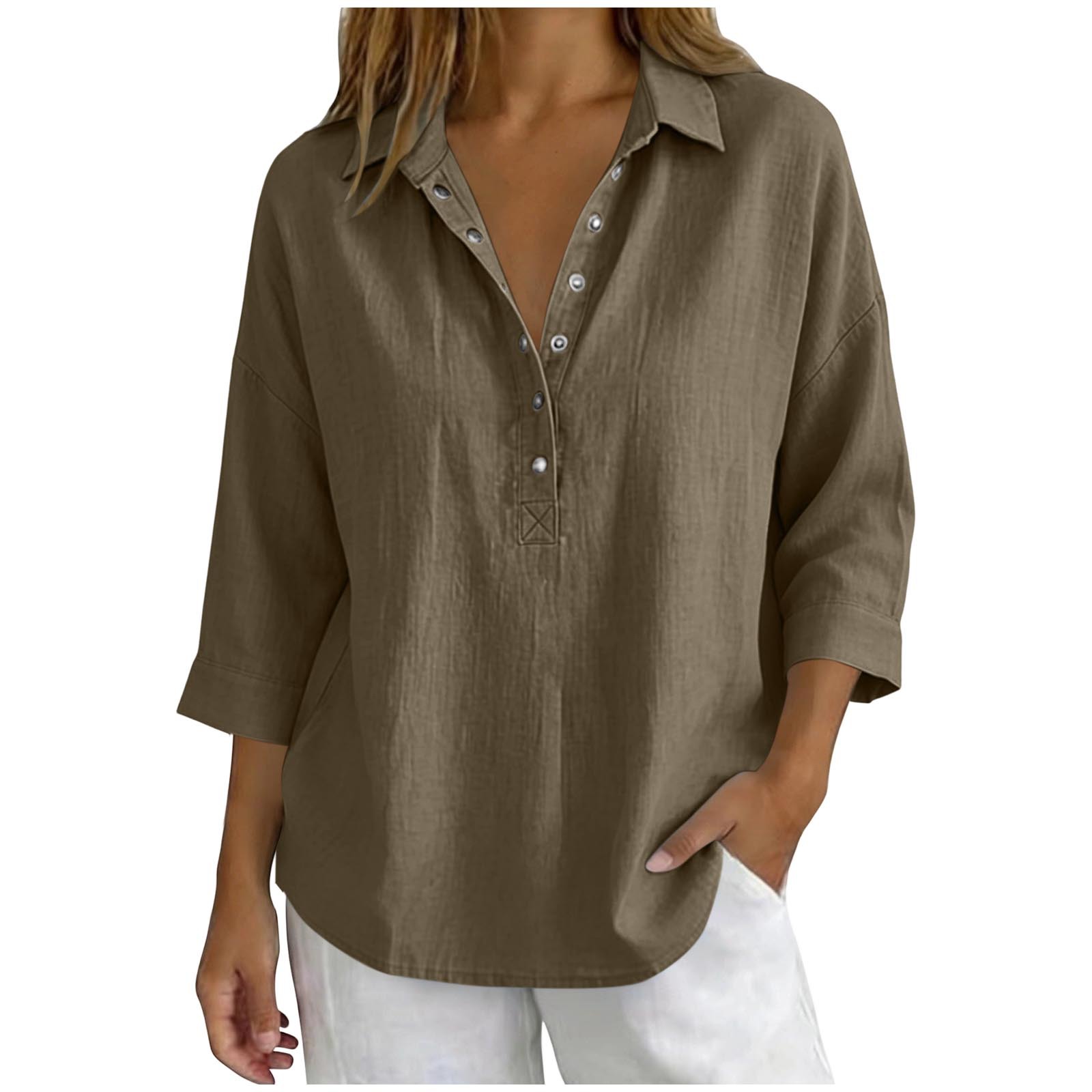 Women's Casual V-Neck Button Henley Blouse – Loose Fit 3/4 Sleeve Tunic Top