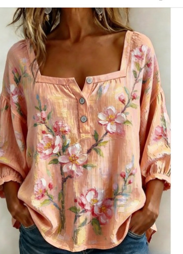 Elegantes Damen-Top mit Blumenmuster, 3 Knöpfen und weitem Ausschnitt
