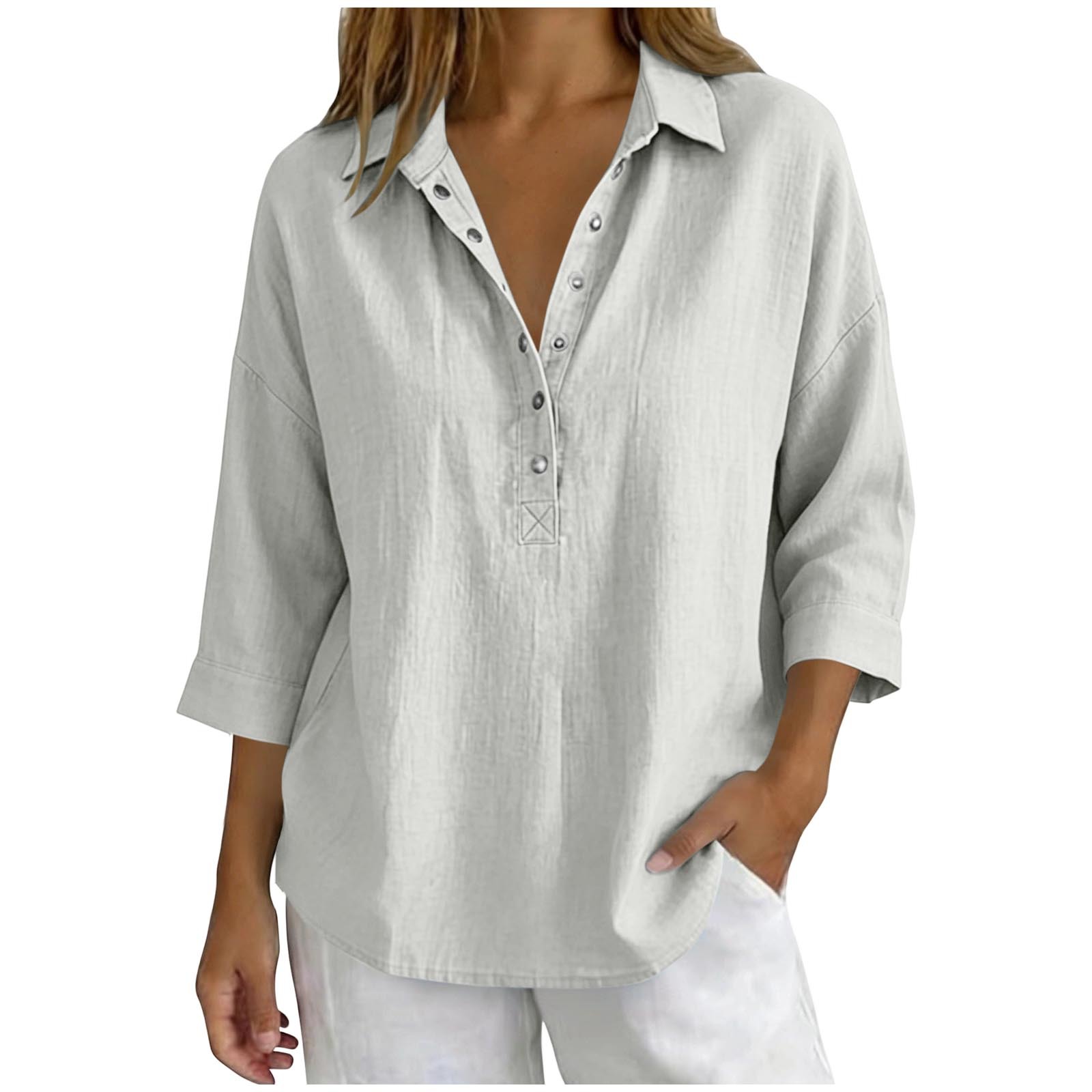Women's Casual V-Neck Button Henley Blouse – Loose Fit 3/4 Sleeve Tunic Top