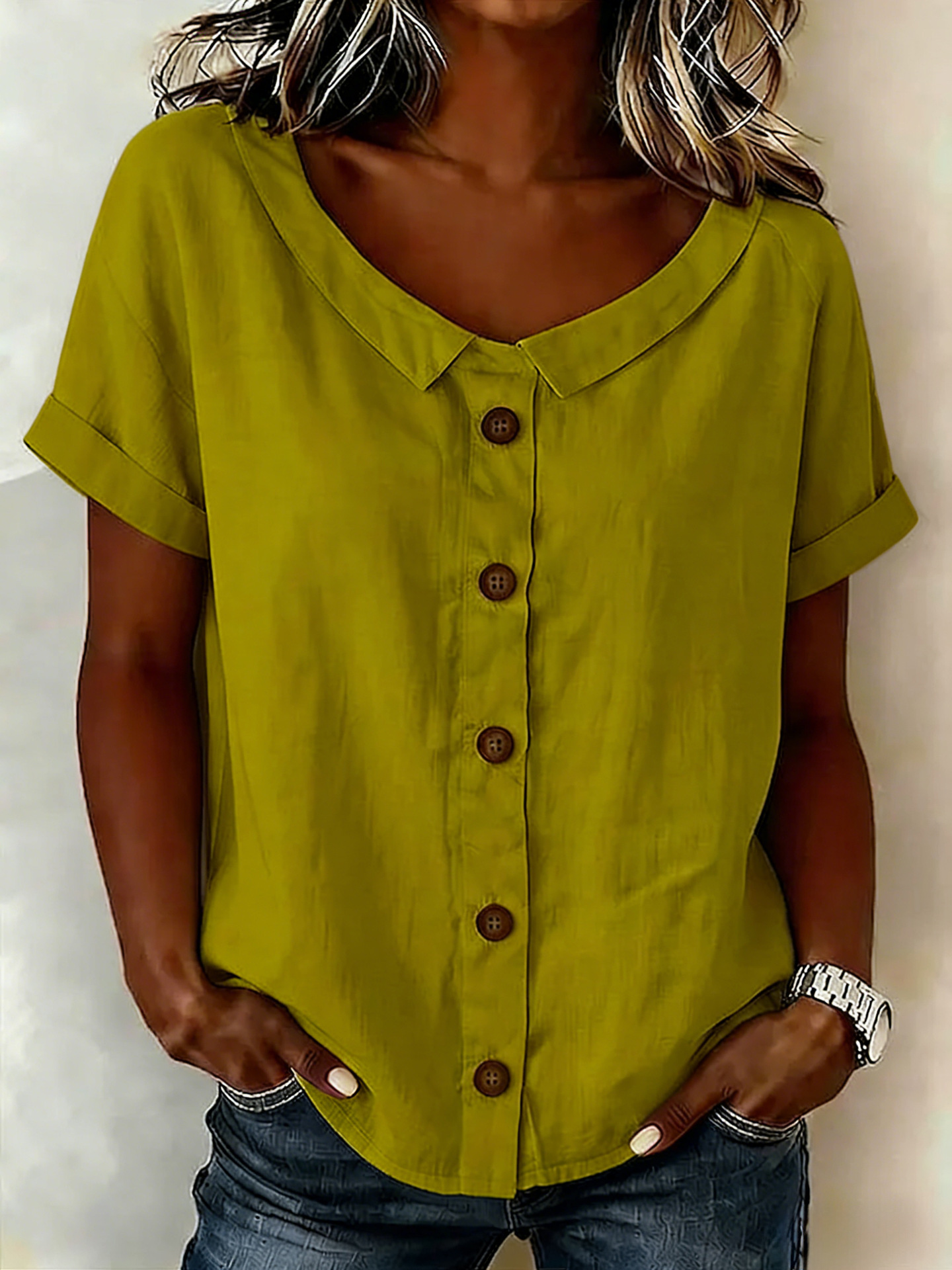 Nouvelle chemise femme décontractée à col rond et manches courtes en coton et lin