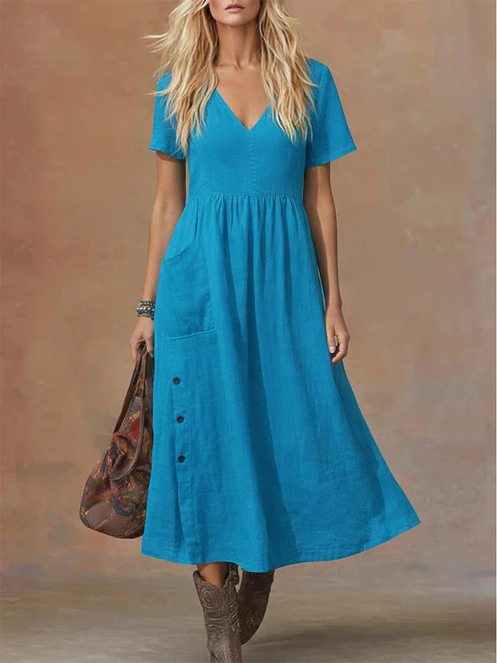 Elegantes und stilvolles, kurzärmeliges Kleid mit V-Ausschnitt, Knopfleiste und Taschen