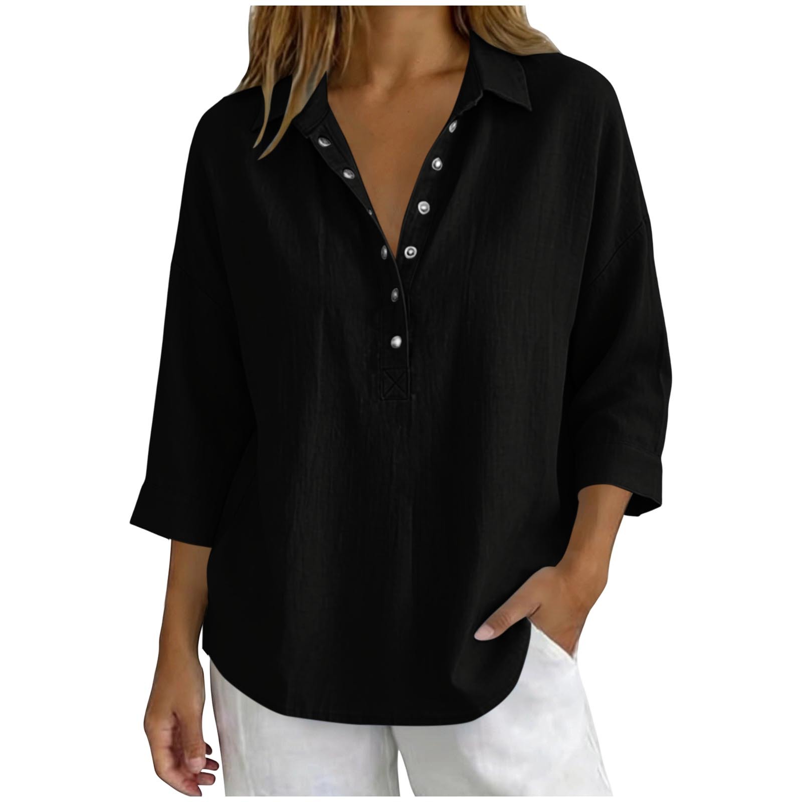 Women's Casual V-Neck Button Henley Blouse – Loose Fit 3/4 Sleeve Tunic Top