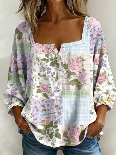 Elegantes Damen-Top mit Blumenmuster, 3 Knöpfen und weitem Ausschnitt
