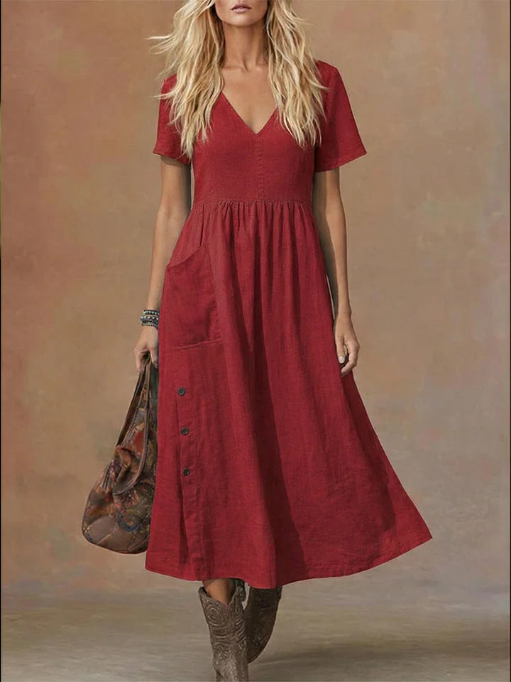 Elegantes und stilvolles, kurzärmeliges Kleid mit V-Ausschnitt, Knopfleiste und Taschen