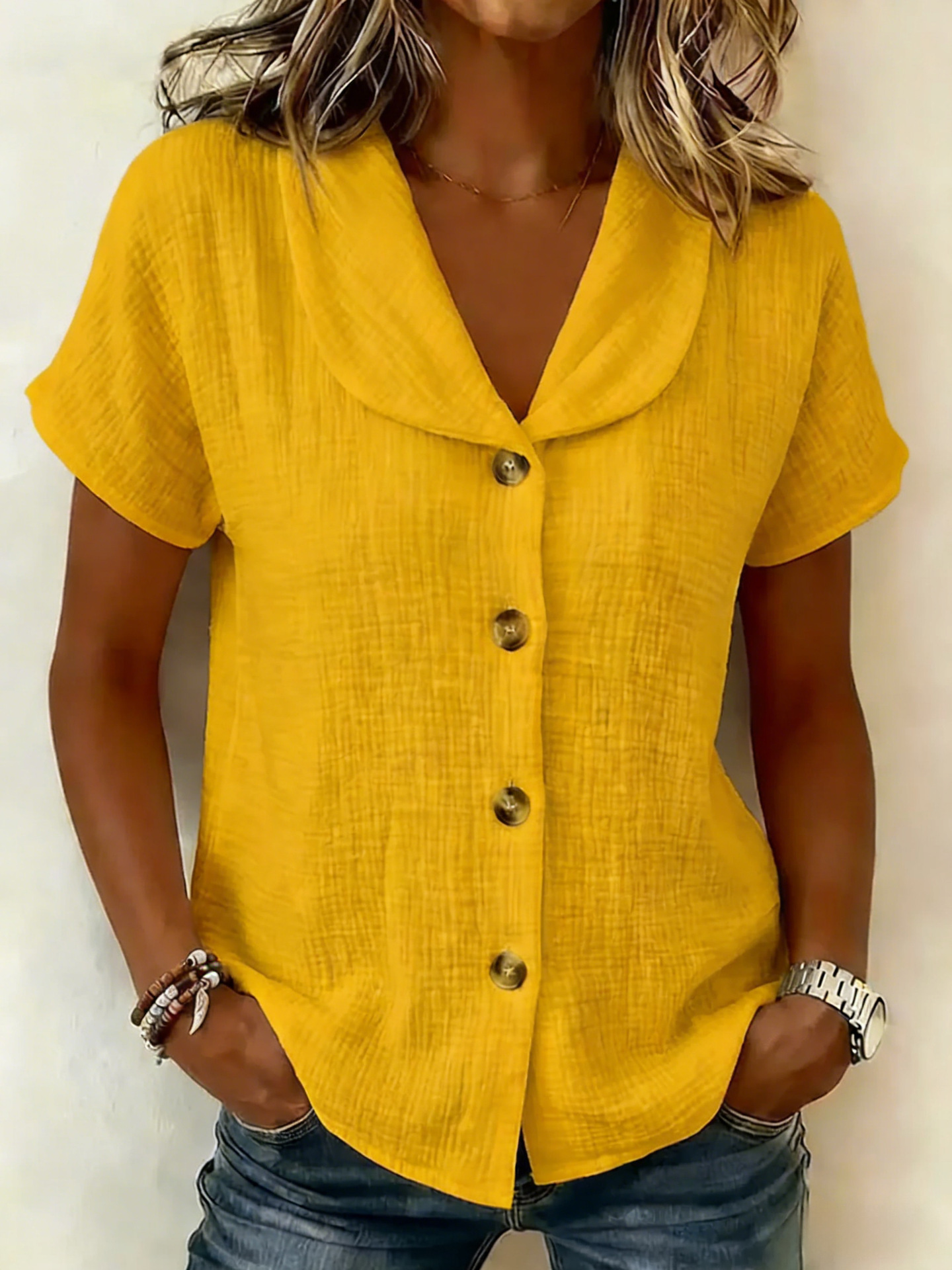 Nouvelle chemise décontractée et simple en coton et lin ornée de boutons