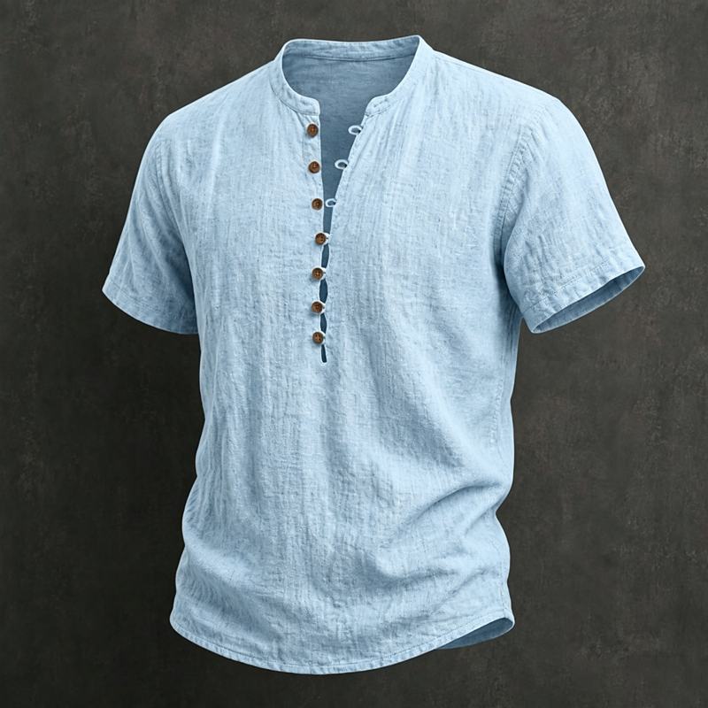 Herren-Henley-Shirt mit Stehkragen, Holzknöpfen, halber Knopfleiste und kurzen Ärmeln aus Leinenmischung