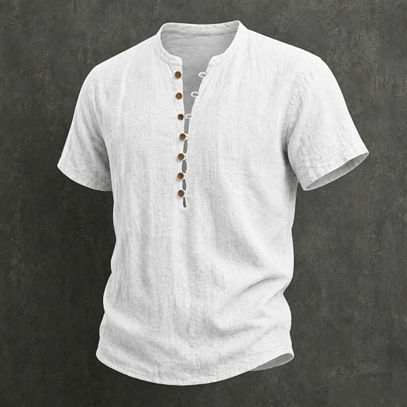 Herren-Henley-Shirt mit Stehkragen, Holzknöpfen, halber Knopfleiste und kurzen Ärmeln aus Leinenmischung