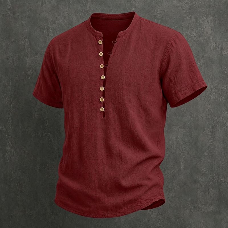 Herren-Henley-Shirt mit Stehkragen, Holzknöpfen, halber Knopfleiste und kurzen Ärmeln aus Leinenmischung