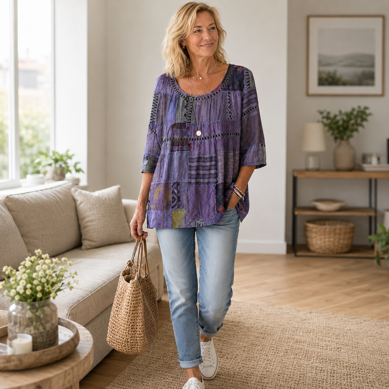 Women's Vintage Patchwork Art Print Flowy Linen Blend Casual Tops