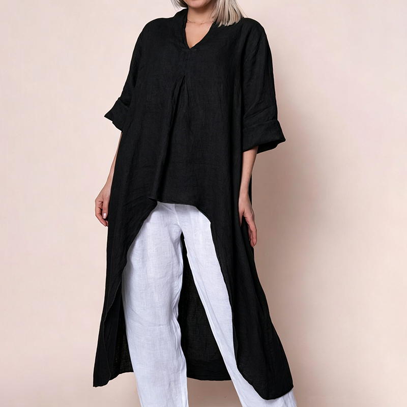 ⏰Saisonaler Abverkauf🔥Leinenbluse mit V-Ausschnitt, asymmetrischem Saum und asymmetrischem Schnitt, langem Ärmel