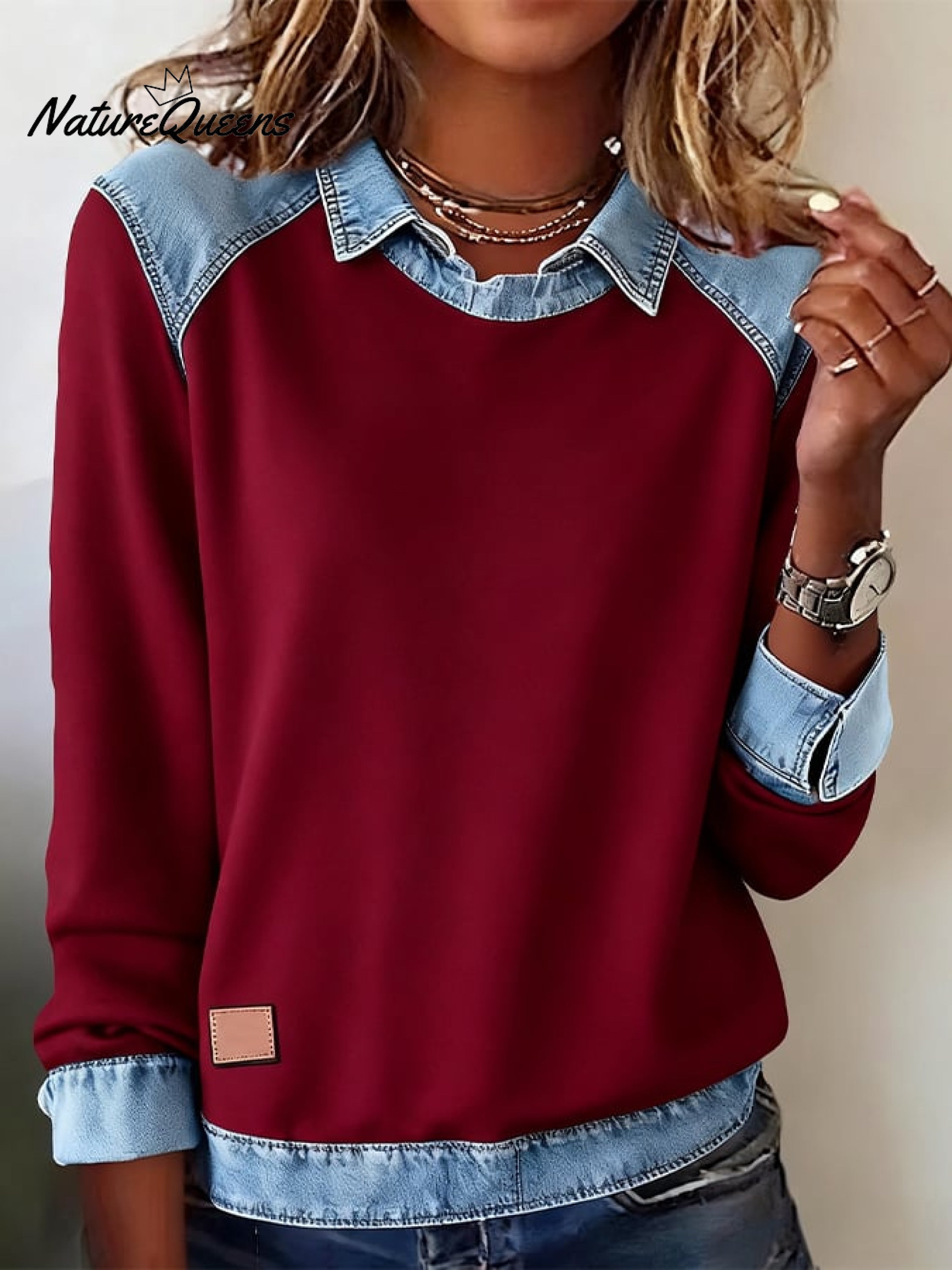 👕 Lässiges Damen-Sweatshirt mit Reverskragen und Denim-Patchwork ✨
