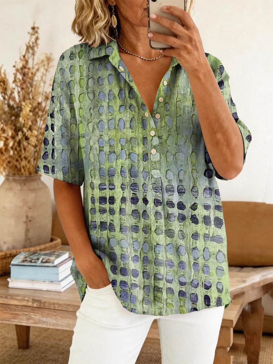 Lässiges Kurzarm-Shirt aus Baumwoll-Leinen für Damen mit Retro-Kunstdruck
