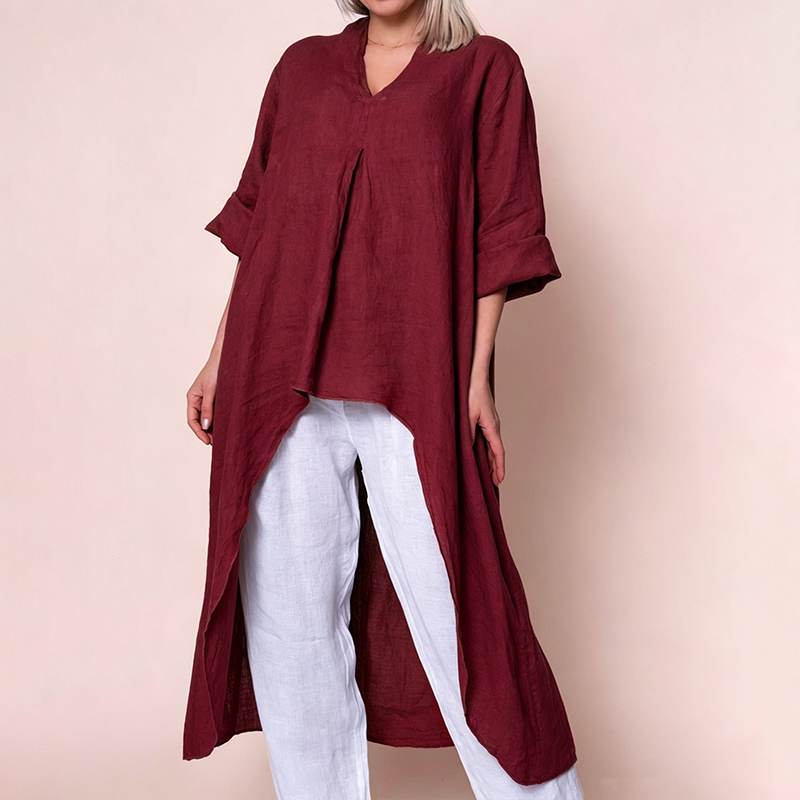⏰Saisonaler Abverkauf🔥Leinenbluse mit V-Ausschnitt, asymmetrischem Saum und asymmetrischem Schnitt, langem Ärmel
