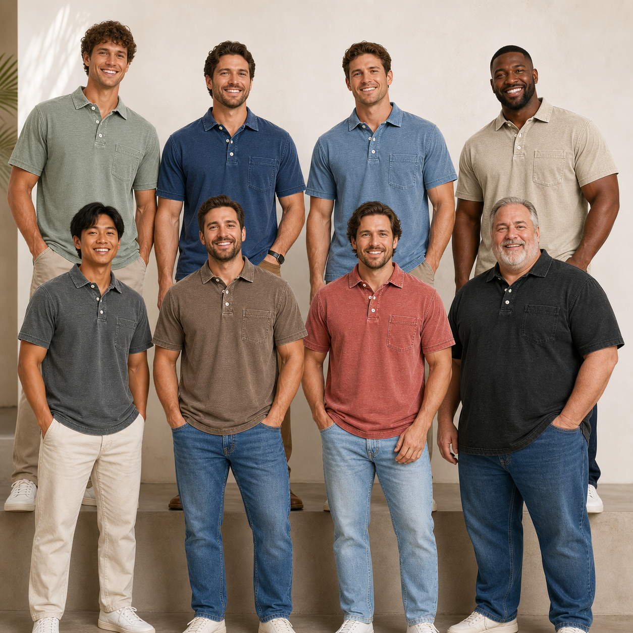 Limited Deal 8-Pack Men's Washed Cotton Blend Pocket Polo Shirts, Lightweight Breathable 3-Button Relaxed Fit